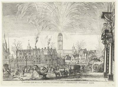 Vuurwerk; intocht van Ferdinand te Gent 1635 (nr 41) Res dig upp, som du ser på den brinnande elden på himlen Fernandis kärlek tänds (titel på objekt) En bild på nattens bränder i Hippodromen och tornet av Anonymous