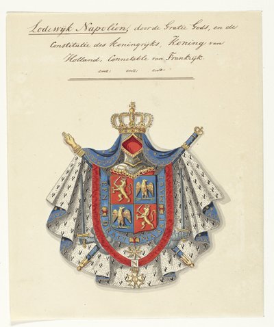 Vapensköld av Louis Napoleon Bonaparte, kung av Holland Louis Napoleon, av Guds nåd, och kungarikets konstitution, kung av Holland, Connectable av Frankrike (titel på objekt) av Anonymous