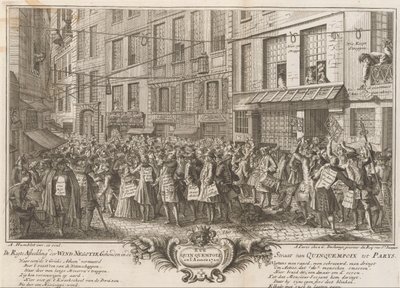 Vindhandel i Rue Quinquempoix, 1720 De Regte Bild av vindförhandlingen som hålls i Quinquempoixsundet till Parys (titel på objektet) The Great Scene of Folly (serietitel) av Anonymous