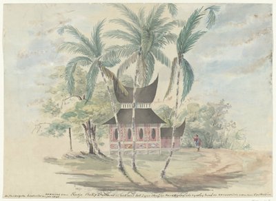 Radja Batipos hus, revs och brändes till hans straff och tuktan som chef och ledare för revolten i Padangsches högland år 1841 (titel på objekt) av Anonymous