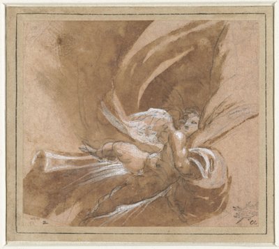 Flytande putto som lyfter en gardin av Anonymous