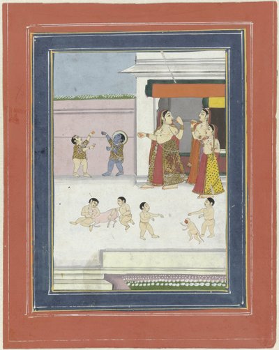 tre kvinnor och barn som leker med Krishna av Anonymous