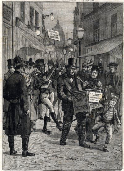 En tiggare vid namn Viscount Hinton, en barbarisk orgelspelare på Londons gator, blev miljonär efter sin far Lord Pouletts död, som arrenderade honom hans förmögenhet. Gravyr. I "" Le Petite Parisien"", den 12/02/1899. Privat samling. av Anonymous Anonymous