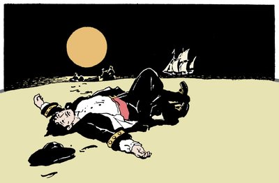 En kapten dödad av pirater blir övergiven på en ö, piratskeppet flyttar iväg vid horisonten Illustration från "The Boys Books of Pirates"" 1913 av Anonymous Anonymous