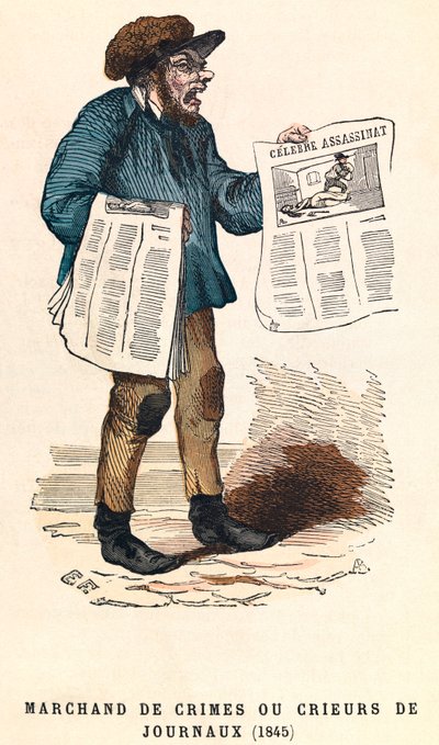 En ropare av tidningar 1845, gravyr, privat samling - Tidningsförsäljare i Paris av Anonymous Anonymous