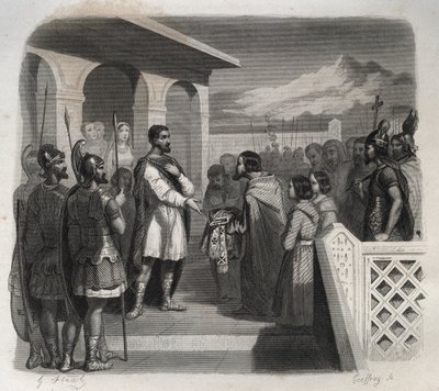 En deputation av staden Clermont erbjuder biskopsämbetet till Saint Sidoine Apollinar (Caius Sollius Apollinaris Sidonius) politiker, eveque och gallo-romersk författare (430-486). Gravyr från 1846 i "" Lives of the saints"". Privat samling. av Anonymous Anonymous