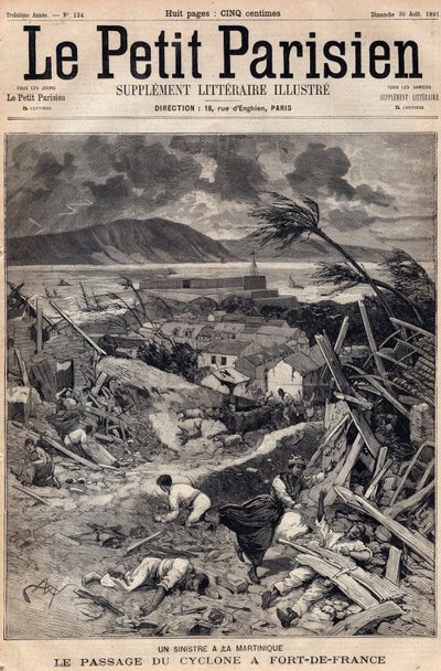En katastrof på Martinique: cyklonens passage i Fort-de-France (Fort de France) 1891. Gravyr i "" Le petit Parisien"" från augusti 1891. Privat samling. av Anonymous Anonymous