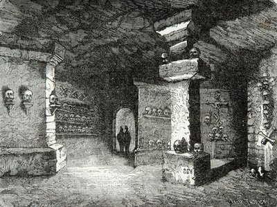 Ett galleri med katakomber i Paris på 1800-talet, Gravyr, Privat samling av Anonymous Anonymous