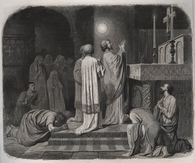 En glob av eld dyker upp ovanför SAINT MARTIN eveque de Tours (316-397) medan han arbetar. Gravyr från 1846 i "" Lives of the saints"". Privat samling. av Anonymous Anonymous