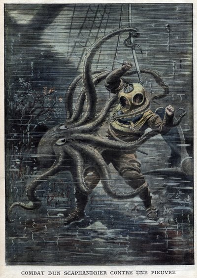 En enorm bläckfisk lyckas nästan övervinna den amerikanske dykaren Martin Lund - En jätte bläckfisk attackerar den amerikanska dykaren Martin Lund - Battle of a Scaphandrier Against an Octopus - "" The Petity Journal" av Anonymous Anonymous