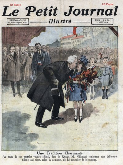 En liten flicka erbjuder en bukett i trefärgade färger till republikens president Alexandre Millerand under en av hennes förflyttningar i Rhone. Illustration hämtad från "" Le petit journal"" från 1921-03-27. Privat samling av Anonymous Anonymous