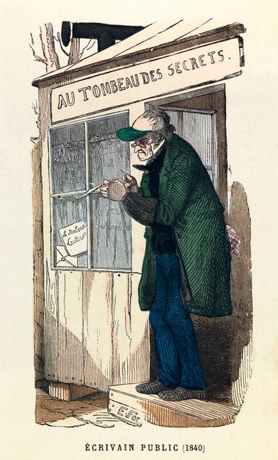 En offentlig författare 1840 i Paris, gravyr, privat samling - En offentlig författare i Paris av Anonymous Anonymous