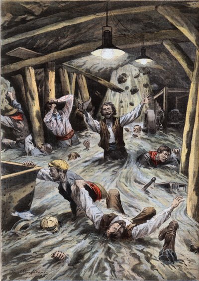 En flod invaderar Loetschberg-tunneln i Schweiz under konstruktionen. Gravyr från tidningen "" Le Peute Parisien", 1908-08-09. Privat samling. av Anonymous Anonymous