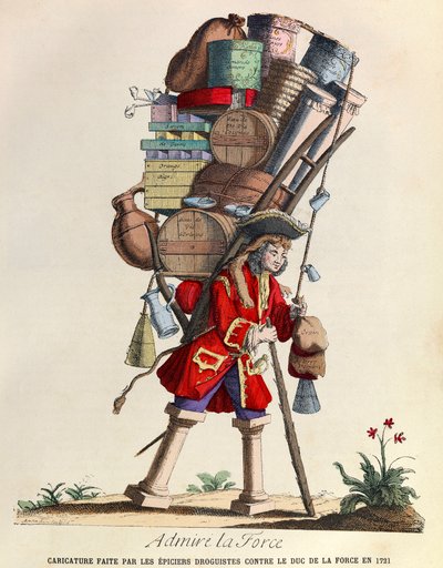 Beundra La Force-karikatyren gjord av drogisterna i Paris mot hertigen av La Force 1721 (regne av kung Ludvig XV) - privat samling av Anonymous Anonymous