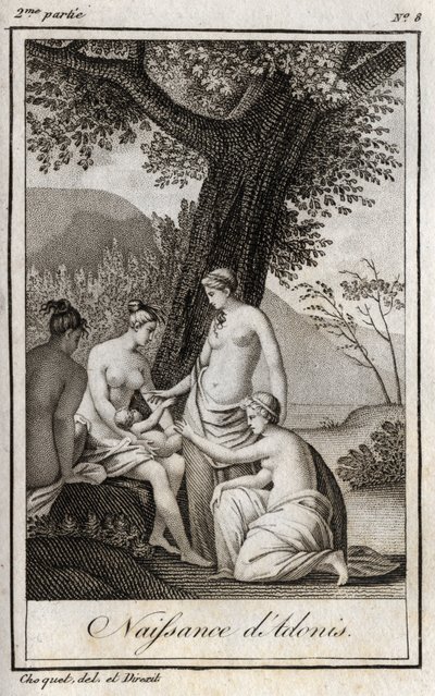 Adonis är född. Gravyr från 1819 i "Lettres a Emilie sur la mythologie" av Charles Albert Demoustier (1760-1801). Privat samling. av Anonymous Anonymous