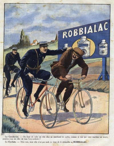 Reklam för Robbialac-färg: poliser anklagar en cyklist för att ha stulit hans cykel eftersom han ser ny ut tack vare Robbialac-färgen. Gravyr i "" Le petit journal illustrious"" av Anonymous Anonymous