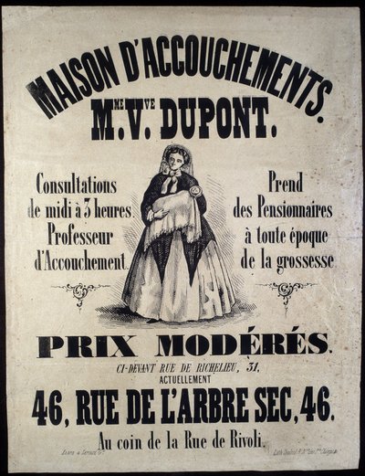 Annonsering för ett födelsehem (moderskap) i Paris 1850. Madame Dupont, låga priser på 46 rue de l