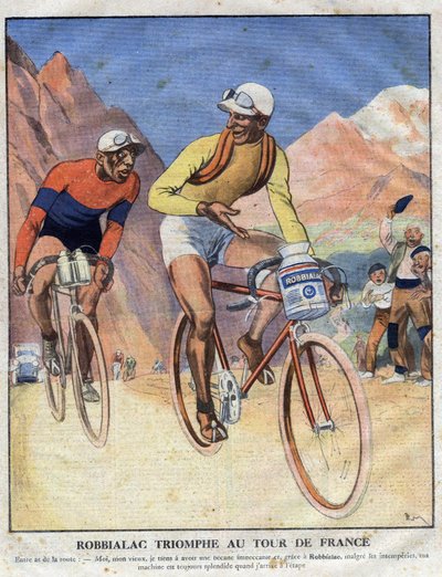 Reklam för målningen Robbialac: "" Robbialac triumf i Tour de France"". En cyklist säljer fördelarna med Robbialac-färg till sin cykel. Gravyr. En av "The Little Journal Illustrates" av Anonymous Anonymous