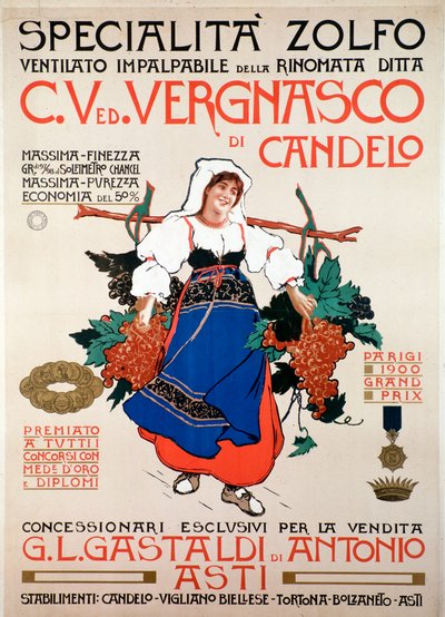 Annonsaffisch för svampdödande svavel som tillverkats av det italienska företaget Vergnasco Candelo, 20th Century av Anonymous Anonymous