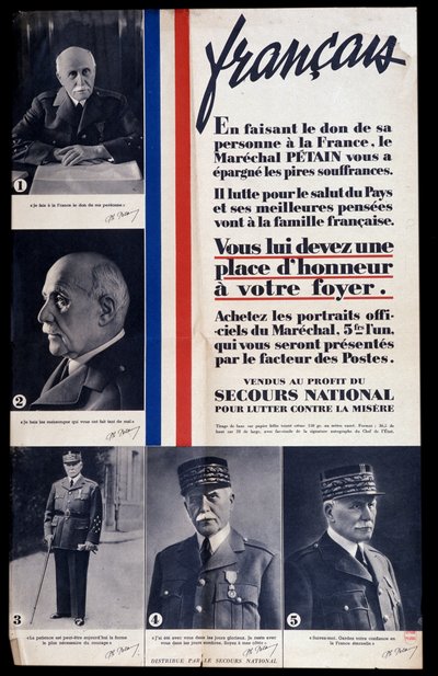 Annonsaffisch för försäljning av porträtt av marskalk Philippe Petain under andra världskriget och prisande av Petain (säljs till förmån för nationell hjälp för att bekämpa fattigdom) av Anonymous Anonymous