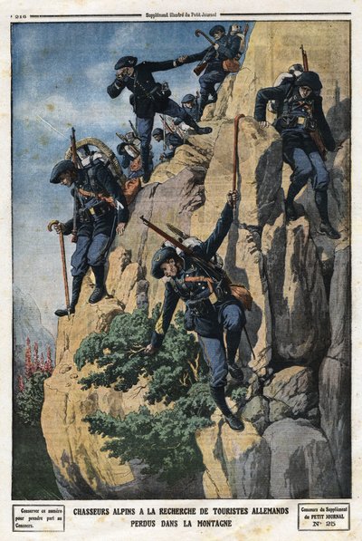 Alpjägare letar efter vilsna tyska turister. De ville åka till berget Nero (Helmet du Nero) i Chartreuse-massivet. Gravyr i "" Le Petite Journal"", den 7/07/1912. Privat samling. av Anonymous Anonymous