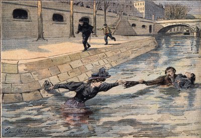 En genialisk räddning: nära den Helige Faderns bro räddas en kvinna som har fallit ut i noten av en man som hjälpte en annan kvinna. Gravyr från tidningen "" Le Petite Parisien"", 1908-03-08. Privat samling. av Anonymous Anonymous