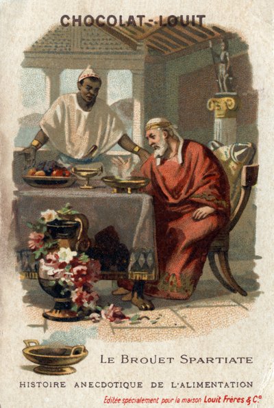 Matens anekdotisk historia: den spartanska kärran. Denys den äldre (431-367 f.Kr.), tyrann av Syrakusa, avskydde kärran när han smakade på den. Kocken svarade att han inte fick vara hungrig nog för att uppskatta det. Choklad-Louit kromolitografi, sent 1800 av Anonymous Anonymous