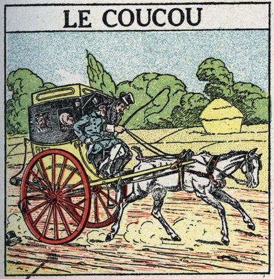 Djurdragning: gök, kollektivtrafik som användes i Frankrike från mitten av 1700-talet till mitten av 1800-talet, även kallad "kammargryta". Anonym illustration från 1925. Privat samling. av Anonymous Anonymous