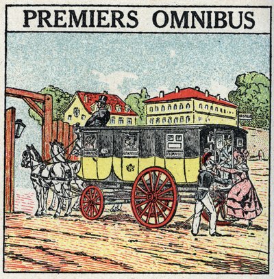 Djurdragkraft: första omnibus dök upp i Frankrike under Karl X (1824-1830). Anonym illustration från 1925. Privat samling. av Anonymous Anonymous