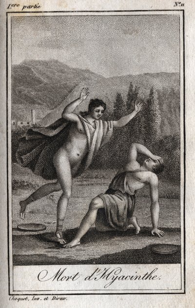 Apollo och Hyacinthos (Hyacinthes död) Gravyr från 1819 i "Lettres a Emilie sur la mythologie" av Charles Albert Demoustier (1760-1801). Privat samling. av Anonymous Anonymous
