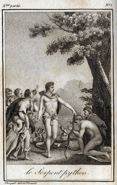 Apollon och Pythonormen på berget Parnassus. Gravyr från 1819 i "Lettres a Emilie sur la mythologie" av Charles Albert Demoustier (1760-1801). Privat samling. av Anonymous Anonymous