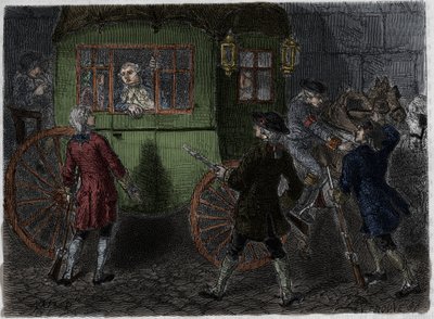 Gripande av Ludvig XVI (1754-1793) och hans flyende familj i Varennes den 21 juni 1791. Gravyr från 1866 i "Histoire de la Revolution francaise"" av Adolphe Thiers. . av Anonymous Anonymous