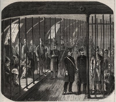 Ankomst av styrkorna ombord under konvojen från Toulon till Cayenne (Guyana) i enlighet med dekretet av den 8 december 1851. Gravyr i "Historia om fängelserna från deras tillkomst till våra dagar" (1877) av Pierre Zaccone (1817- 1895) (Colonia Penale - Pen av Anonymous Anonymous