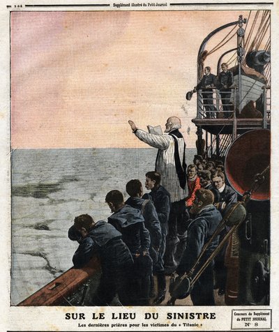 På platsen för katastrofen, de sista bönerna för Titanics offer. På sin invigningsresa från Southampton till New York slog det brittiska transatlantiska linjefartyget "The Titanic" ett isberg natten till den 14 april av Anonymous Anonymous