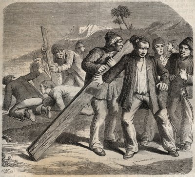 Flyktförsök vid fortet Belle-Ile-en-Mer (vacker ö till havs) på 1800-talet. Gravyr i "Fångarnas historia från deras skapelse till idag" (1877) av Pierre Zaccone (1817-1895) (Colonia Penale - Straffkoloni). Privat samling. av Anonymous Anonymous