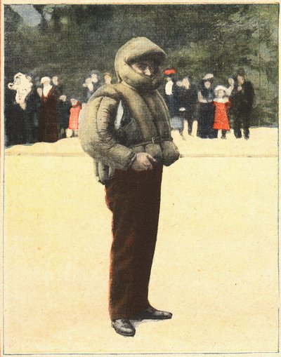 Flyg: Luftdräkt designad för att skydda flygare från att falla. Gravyr i "" Le petit parisien"" 1910-10-16. Privat samling. av Anonymous Anonymous