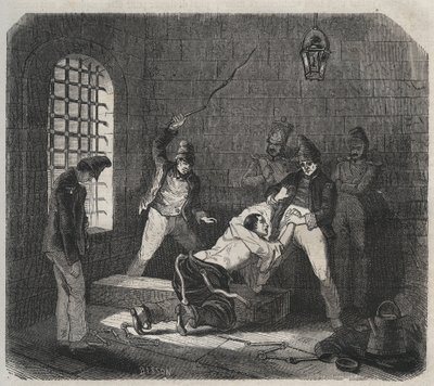 Prison of Brest: caning. Gravyr i "Fångarnas historia från deras skapelse till idag" (1877) av Pierre Zaccone (1817-1895) (Colonia Penale - Straffkoloni). Privat samling. av Anonymous Anonymous