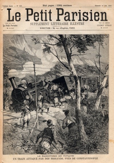 Bandit i Turkiet, ett tåg attackerat av rånare nära Konstantinopel. Gravyr i "" Le petit Parisien"" från 1891. Privat samling. av Anonymous Anonymous