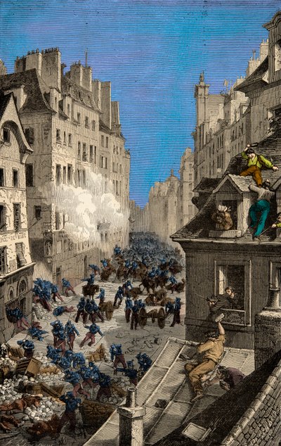 Slaget vid barrikaden av Rue Saint Antoine 1830, gravyr, privat samling av Anonymous Anonymous