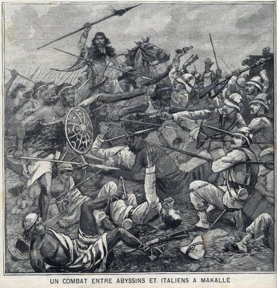 Strid mellan Abyssins of Menelik II och italienare i Makalle, Etiopien. Gravyr i "" Le Petite Parisien"" av Anonymous Anonymous