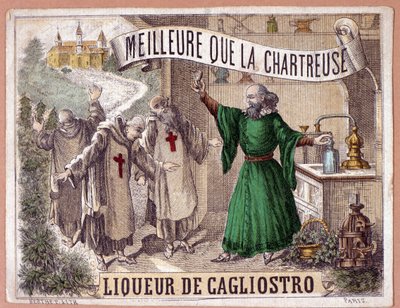 Cagliostro-likör gjord av destillation av aromatiska örter av munkar. kromolitografi från 1800-talet. av Anonymous Anonymous