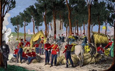 Camping av ryska och engelska trupper vid Champs Elysees i Paris i juli 1815 efter Napoleon 1:s nederlag, gravyr, privat samling av Anonymous Anonymous