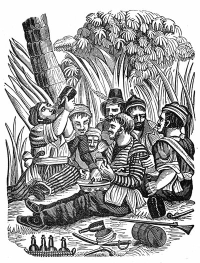 Kapten Bartholomew Roberts besättning vilar nära Old Calabar River, sent 1600-tal. Gravyr av "" Piratens egen bok"" 1837. av Anonymous Anonymous