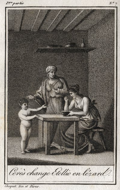 Ceres ändrar Stellion till en lezard. Gravyr från 1819 i "Lettres a Emilie sur la mythologie" av Charles Albert Demoustier (1760-1801). Privat samling. av Anonymous Anonymous