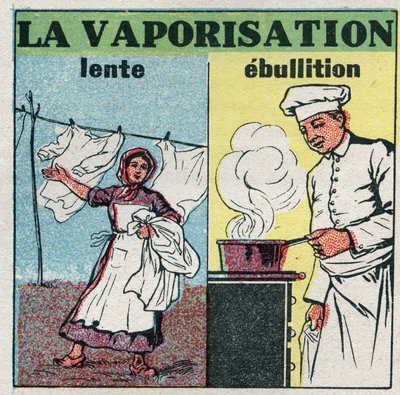 Förändringar i tillstånd: långsam förångning (vindverkan) eller kokning (värme under en panna). Anonym illustration från 1925. Privat samling. av Anonymous Anonymous