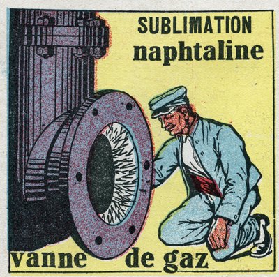 Förändringar i tillstånd: sublimering. Naftalindepå täpper igen en gasventil. Anonym illustration från 1925. Privat samling. av Anonymous Anonymous