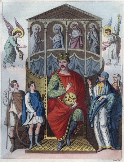 Karl den skallige, kung av västra Frankrike, Italien, och den helige romerske kejsaren, 823 - Porträtt av Karl II den skallige (823 - 877), kung av Frankrike, gravyr från "" Seder och seder hos alla folk i universum. Det är regeringens, lagarnas, milisens  av Anonymous Anonymous