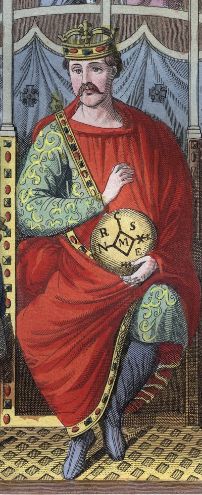 Karl den skallige, kung av västra Frankrike, Italien, och den helige romerske kejsaren, 823 - Porträtt av Karl II den skallige (823 - 877), kung av Frankrike, gravyr från "" Seder och seder för alla folk i universum. Det är regeringens, lagarnas, milisens  av Anonymous Anonymous