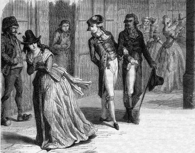 Charlotte Corday hos knivmakaren Badin, under arkaderna i Palais-Royal 1793 - Gravyr i "Histoire des Girondins"" av Alphonse de Lamartine (1790-1869) 1865-1866 - Privat samling av Anonymous Anonymous