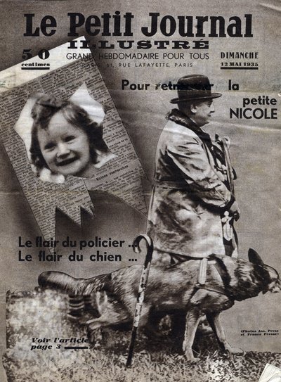 Chaumonts angelägenheter: polishundar tränar för att hitta spåren av försvunna barn (här, flickan Nicole) och banditer. Omslag från "" Le petit journal illustrious"" från 1935-12-05 Samling privee av Anonymous Anonymous
